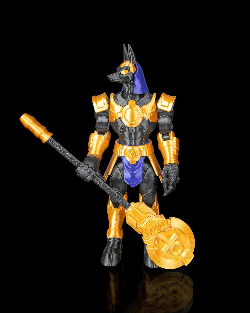 Mecha Anubis — figurine articulée noire, dorée et bleue, vue 1