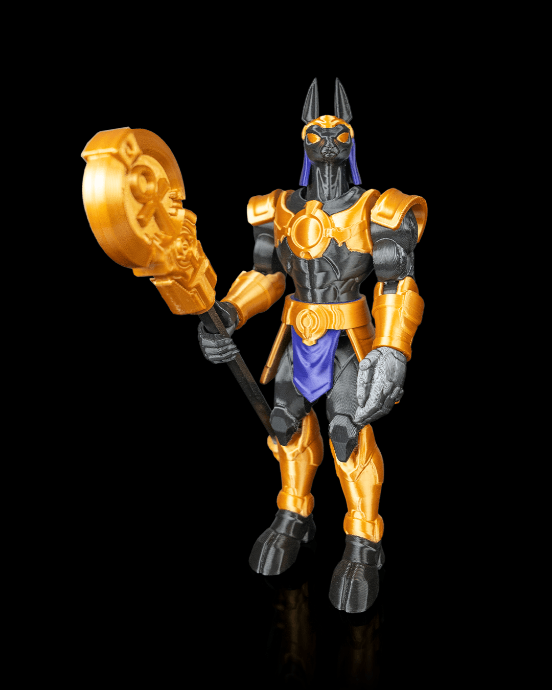 Mecha Anubis — figurine articulée noire, dorée et bleue, vue 2