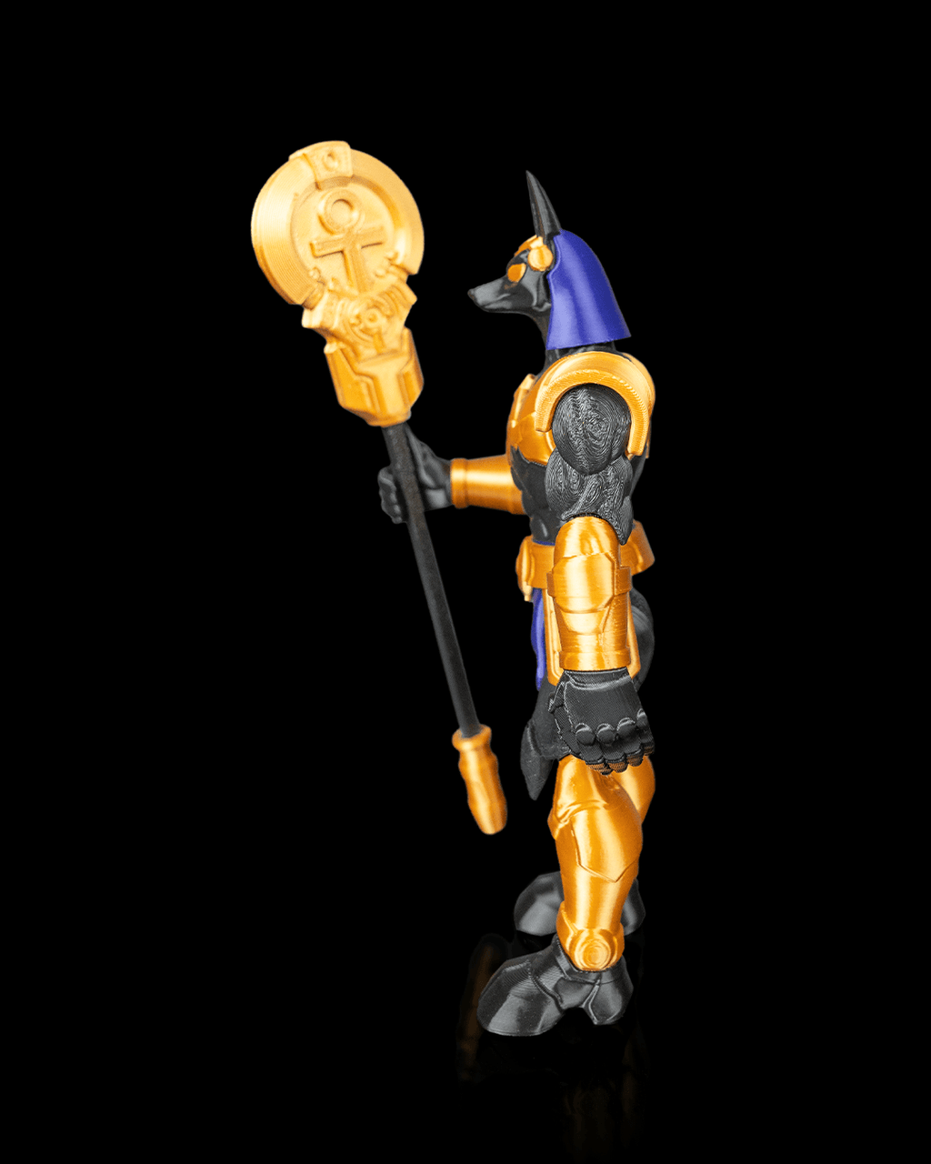 Mecha Anubis — figurine articulée noire, dorée et bleue, vue 3